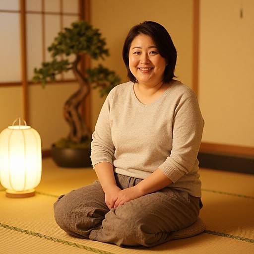 Smiling Asian woman with short black hair, wearing beige sweater and brown pants, sits cross-legged on tatami mat, lit by warm lantern. Traditional