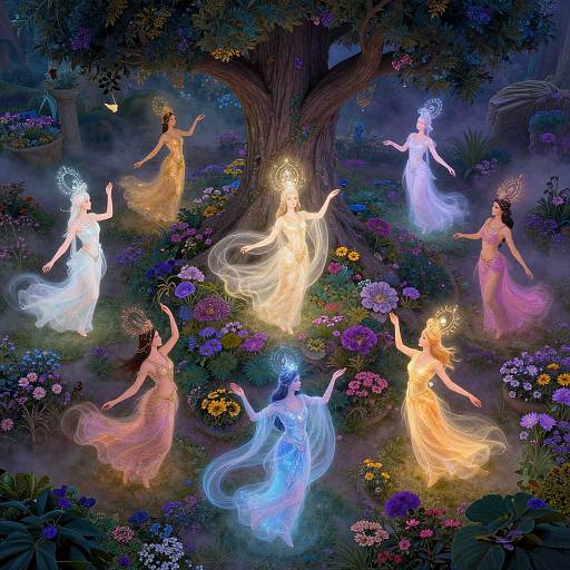 Digital fantasy artwork of six ethereal, glowing female spirits in flowing dresses, surrounded by vibrant flowers and a moonlit forest.