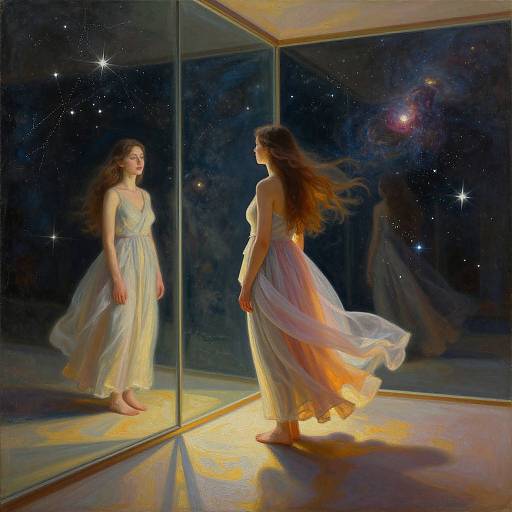 Digital painting of a woman with long brown hair in a flowing white dress, standing barefoot in a room with starry mirrored walls, gazing at