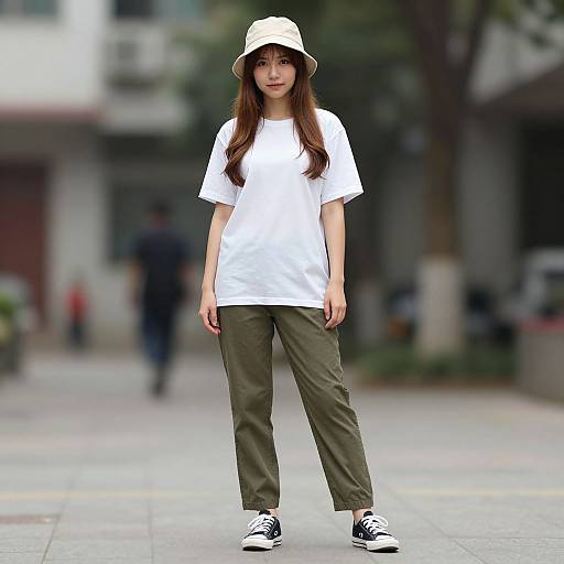 Photograph of an Asian woman with long brown hair, wearing a white T-shirt, olive green pants, black and white sneakers, and a beige bucket