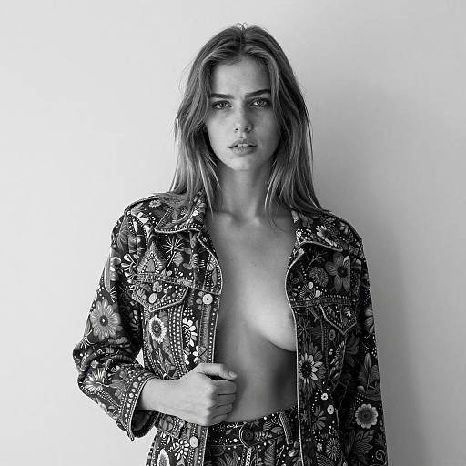 Black and White Portrait of Young Woman in Patterned Jacket