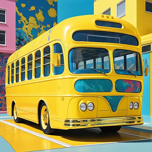 Vibrant Yellow School Bus in Comic Style