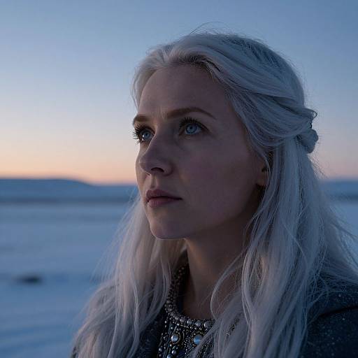Photograph of a serious, fair-skinned woman with long, platinum blonde hair, blue eyes, and a dark, sparkling dress, against a twilight