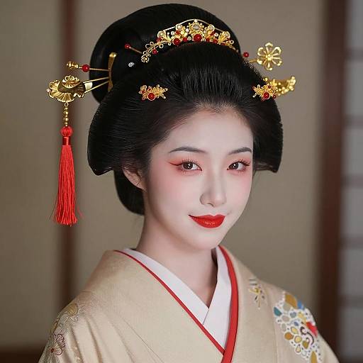 Asian Woman in Traditional Kimono with Ornate Hair Accessories