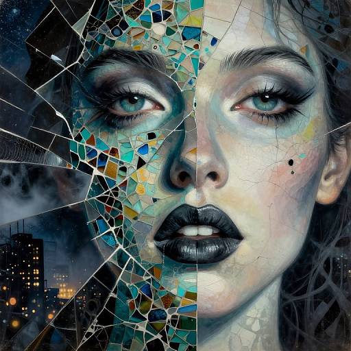 Digital portrait of a woman with cracked, mosaic-like face, half blue-toned and half white-toned, with striking blue eyes and black lips,