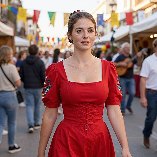 Photograph of a young white woman with brown hair in a red, puffed-sleeve dress with floral embroidery, standing in a bustling outdoor market