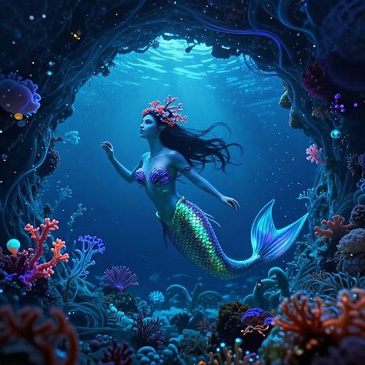 Digital artwork of a glowing mermaid with a purple seashell top and iridescent green tail, floating through a vibrant, blue underwater cave adorned