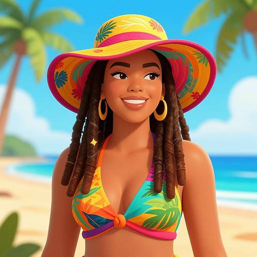 Digital illustration of a smiling Black woman with dreadlocks wearing a colorful tropical bikini and wide-brimmed sunhat on a sunny beach with palm trees.