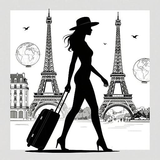 Silhouette of a woman in a hat and heels, pulling a suitcase, walking past iconic Parisian landmarks, including the Eiffel Tower. Black