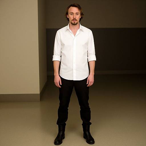 Photograph of a bearded man with medium-length brown hair, wearing a white button-up shirt, black pants, and black boots, standing in a