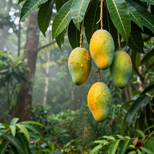 Photograph of three green-yellow mangoes with small brown spots, hanging from a tree in a lush, misty forest.