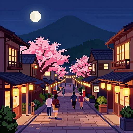 Pixel art of a vibrant Japanese night market, illuminated by lanterns, with pink cherry blossoms, a full moon, and people walking under traditional wooden