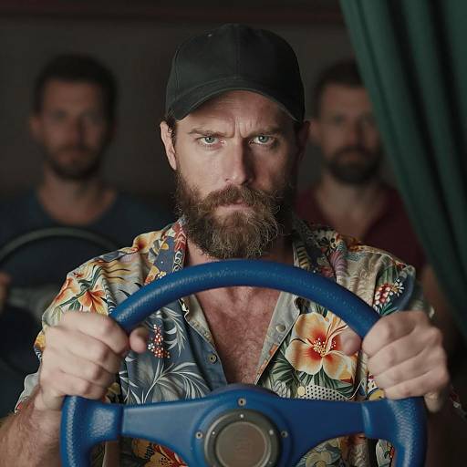 Intense Man with Steering Wheel in Shadows
