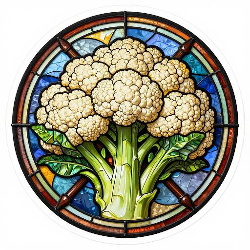 Stained glass artwork of a detailed, vibrant white cauliflower with green leaves, set in a circular, multicolored blue and orange frame.