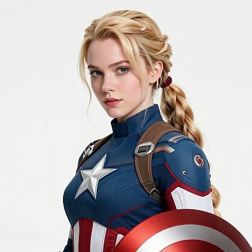 Digital artwork of a blonde woman in a blue Captain America suit with a star, holding a red and white shield.