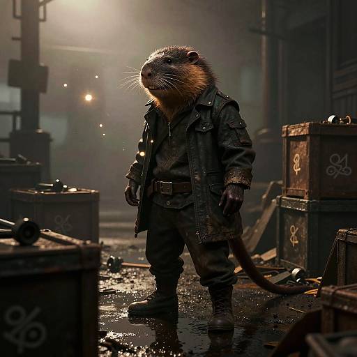 Digital artwork of a anthropomorphic ferret in a dark, rain-soaked alley, wearing a wet, oversized jacket and boots, surrounded by graffiti-covered