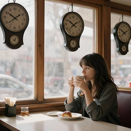 Photograph of a woman with long dark hair, wearing a gray shirt, sitting at a wooden table, sipping from a mug, with two hanging