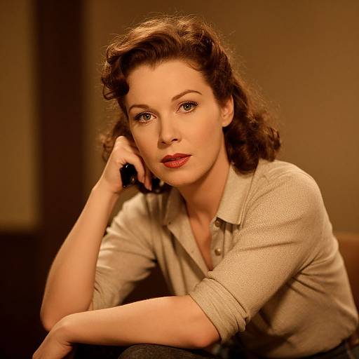 Photograph of a 1940s-styled woman with wavy brown hair, red lipstick, and a beige button-up shirt, leaning on her
