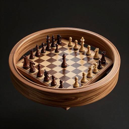 Photograph of a wooden, circular chess set with black and white pieces arranged on a checkered board, set against a dark background.