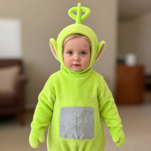 Photograph of a baby wearing a bright neon green plush alien costume with pointed ears and a gray patch on the chest, standing in a blurred living room