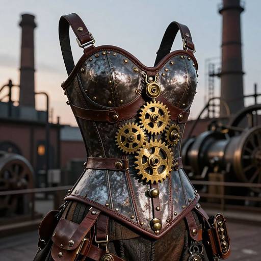 Photorealistic image of a steampunk corset with metallic and leather textures, featuring large brass gears, and straps, set in an industrial background