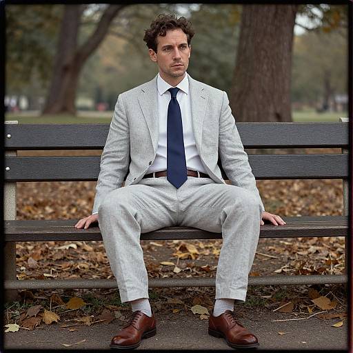 Photograph of a handsome man with curly brown hair, wearing a light gray suit, white shirt, blue tie, and brown shoes, sitting on a