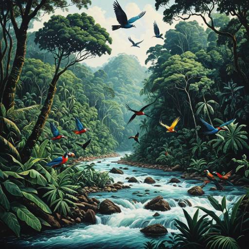 Surreal Jungle River with Exotic Birds