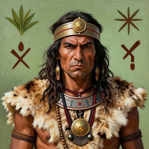 Digital artwork of a stern Native American warrior with long black hair, fur cloak, ornate headband, and intricate jewelry, set against a green background
