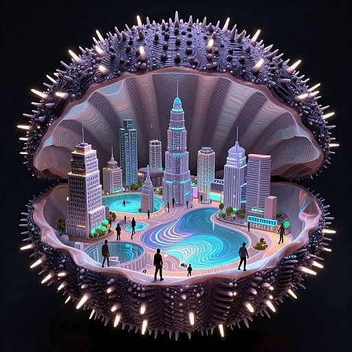 Digital artwork of a glowing, futuristic cityscape within a spiked, crystalline structure, illuminated by neon lights and surrounded by small silhouetted figures