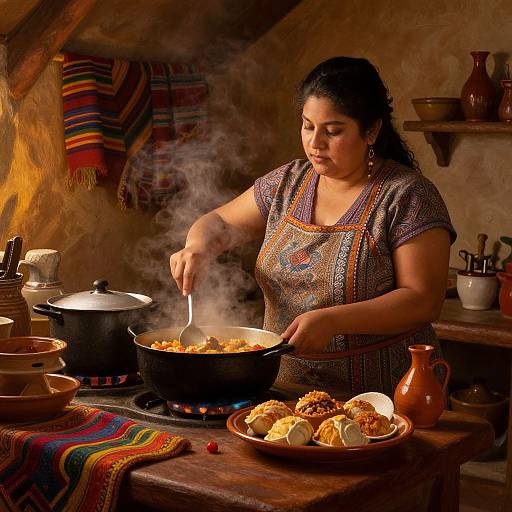 Photograph of a curvy Latina woman with dark hair, wearing a patterned apron, stirring steaming food on a rustic wooden stove.