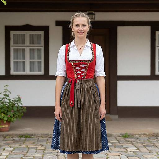 Photograph of a smiling young Caucasian woman in traditional Bavarian dirndl dress with red corset, white blouse, brown skirt, and blue apron