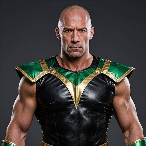 Photograph of a muscular, bald, serious-looking man with a defined jawline, wearing a black leather vest with green and gold shoulder armor. Dark