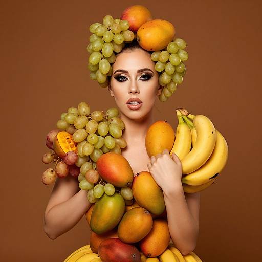 Photograph of a woman with dark hair, wearing a crown of green grapes, surrounded by various fruits (grapes, bananas, oranges) against a