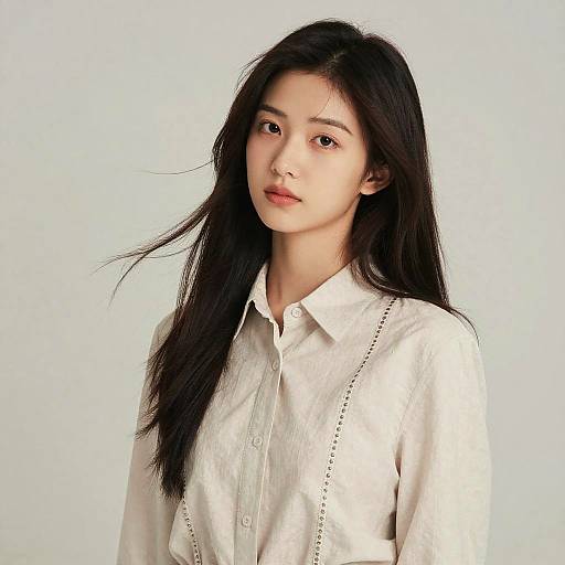 Photograph of an East Asian woman with long black hair, wearing a white button-down shirt, against a plain light blue background.