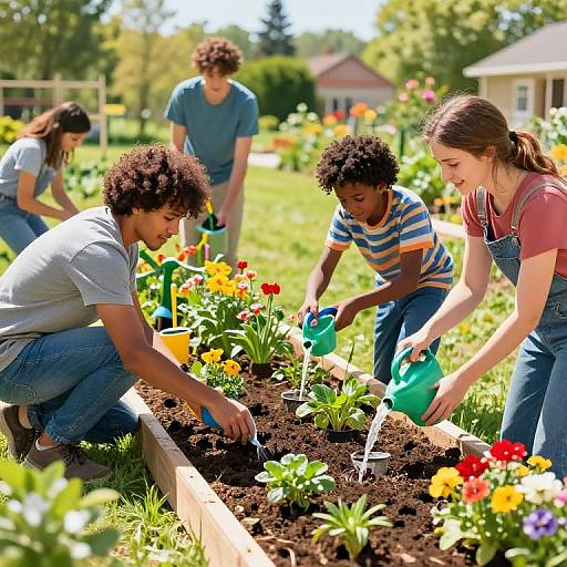 Photograph of diverse children and young woman planting colorful flowers in a sunlit garden, wearing casual clothes, using green and blue gloves.