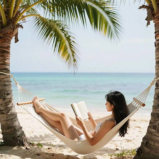Photograph of a woman with dark hair reading in a white hammock between two palm trees on a sunny beach with turquoise ocean.