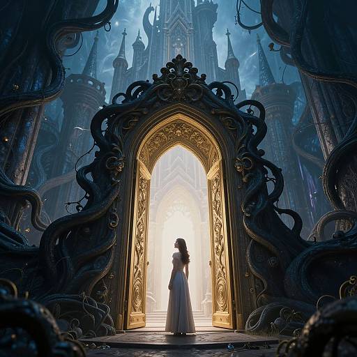 Digital fantasy artwork of a silhouetted figure in a long gown standing in an ornate, glowing archway amidst twisted, dark tendrils within