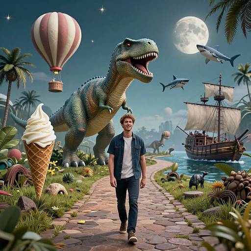 Photorealistic CGI: Young man in blue shirt and jeans walks on path, surrounded by giant dinosaur, hot air balloon, ship, fish, and