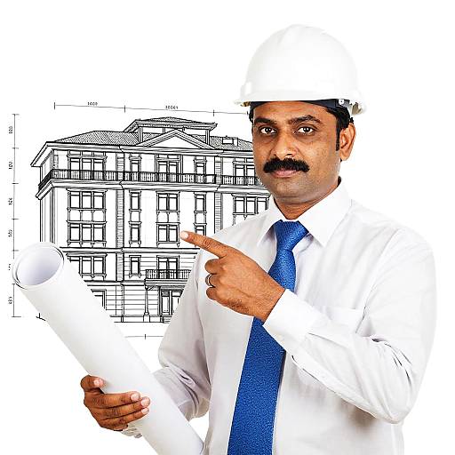 Indian Engineer with Blueprint and Diagram