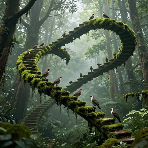 Surreal Birds on Infinite Mossy Stairs