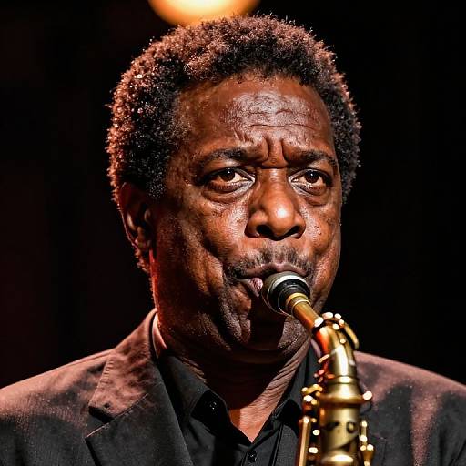 Photograph of an older Black man with short curly hair, playing a golden saxophone, wearing a black shirt, against a dark background.