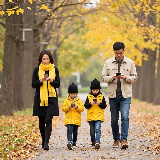 Photograph of Asian family in autumn park: mother, father, and two children in yellow jackets and black hats, walking on leaf-strewn path