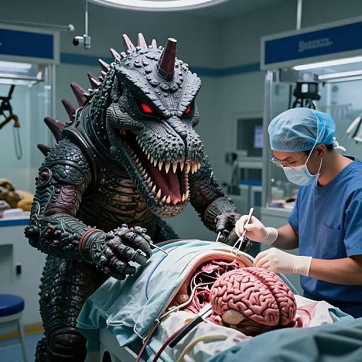 Photograph of a surgeon in blue scrubs and mask, operating on a patient's brain, assisted by a detailed, black, dragon-like robotic creature