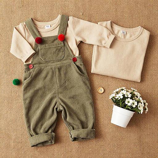 Photograph of beige baby outfit with green corduroy overalls, red and green buttons, beige long-sleeve shirt, white flowers in pot