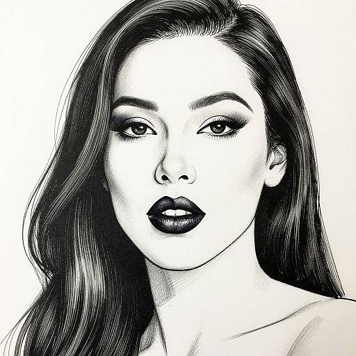 Black and white ink drawing of a confident woman with long, wavy hair, bold black lips, and intense gaze.