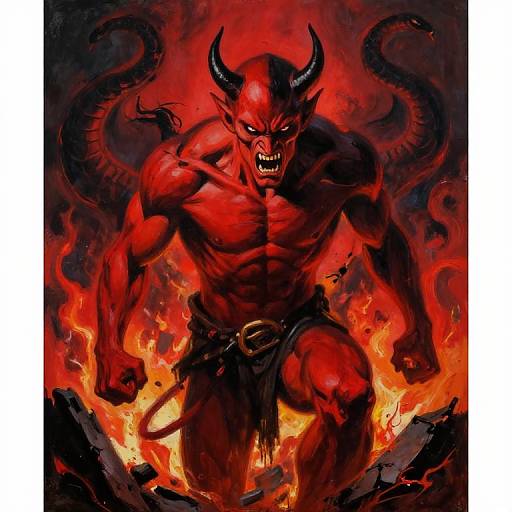 Digital illustration of a muscular, red-skinned demon with horns, sharp teeth, and fiery background. He wears a black loincloth, with flames