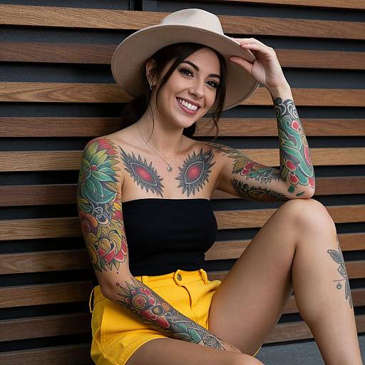 Smiling Tattooed Woman in Stylish Outfit