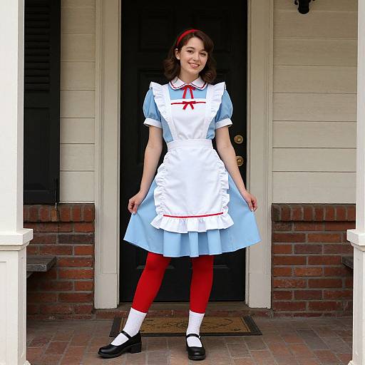Photograph of a young woman in a blue and white Alice in Wonderland-style dress, red tights, white socks, black shoes, red headband