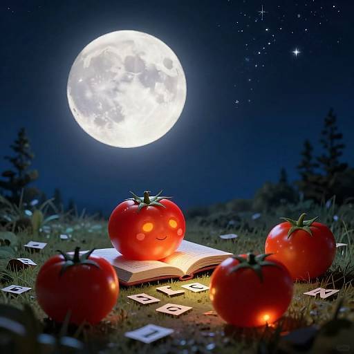 Photograph of glowing red tomatoes with smiling faces, one on an open book, under a bright full moon in a starry night sky, surrounded by