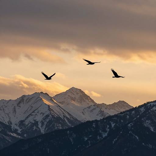 Photograph of three birds flying over snow-capped mountains at sunset, with golden sky and dark, silhouetted peaks.